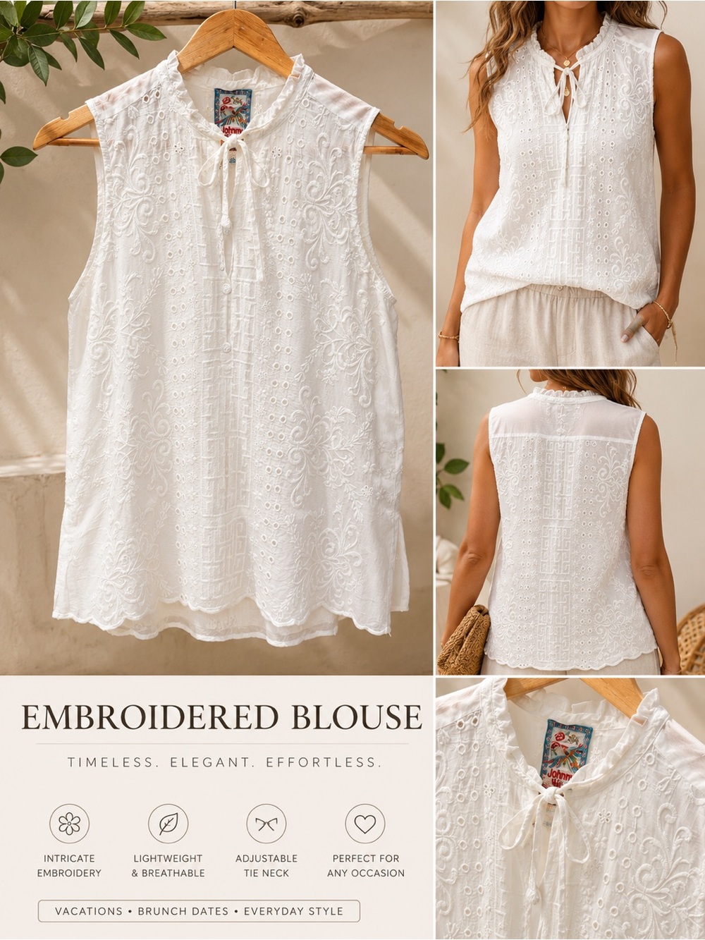 Johnny Was Cream Embroidered Tie-Neck Sleeveless Blouse